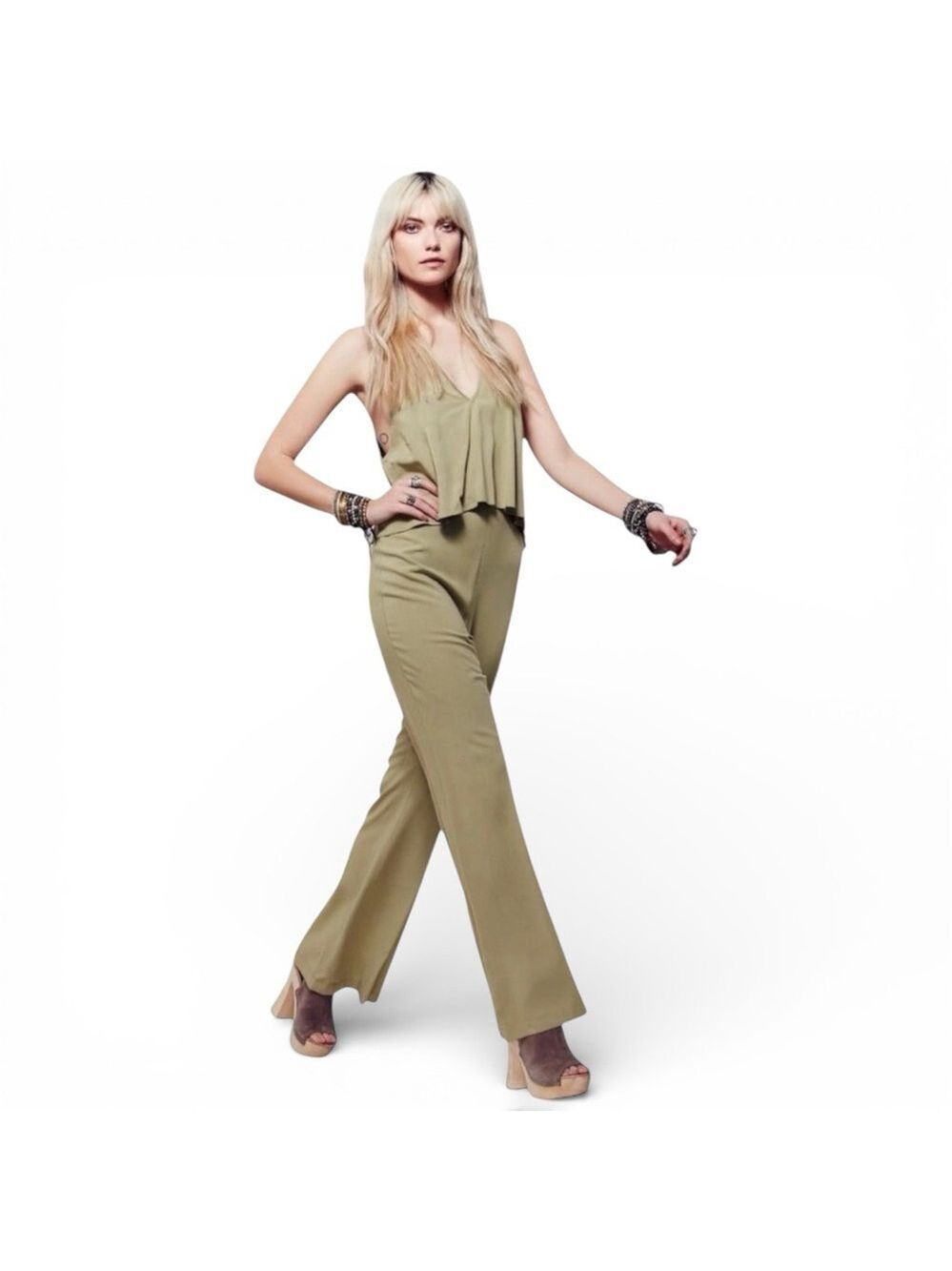 Free People Wild Thing Wide Leg Jumpsuit Light Olive NWT Size 0 XS Rayon Boho